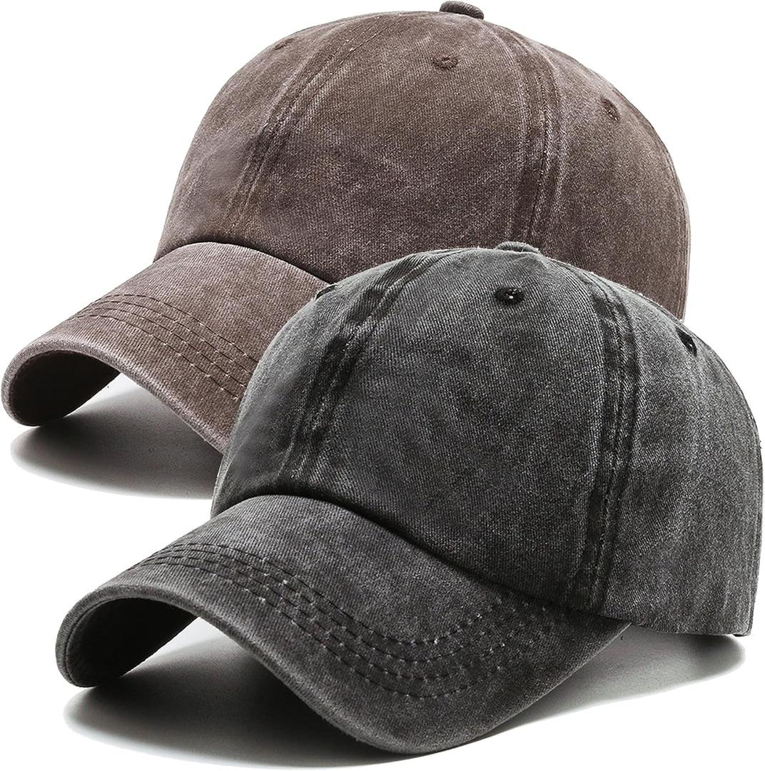 2 Pack Baseball Cap for Men Women, Washed Vintage Golf Dad Hat Adjustable Cotton Low Profile Caps (Black+brown)