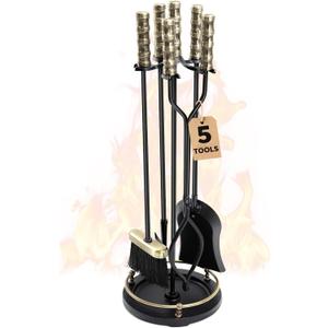 AMAGABELI GARDEN & HOME Fireplace Tools Set 5 Pcs Wrought Iron Indoor with Stand for Fire Place Kit Holder Wood Stove Hearth Accessories Chimney Fire Pit Tongs Shovel Brush Poker Fireset Outdoor Brass