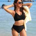 Blooming Jelly Womens High Waisted Bikini Sets Drawstring Tummy Control Swimsuits Crisscross Tie Back Bathing Suit (Black, L)