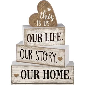 Conelist 4 Pcs Farmhouse Wooden Heart Tabletop Decor Farmhouse Tiered Tray Decor This is Us Centerpiece Decorative Rustic Our Home Block Sign Gift for Home Table Kitchen Shelf Decoration