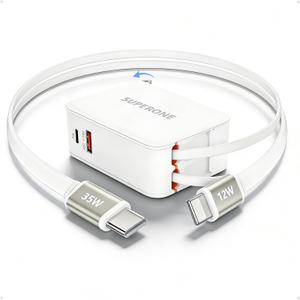 SUPERONE 4-in-1 Retractable Wall Charger, 35W PD Fast Charger with 3.3ft Cable (Longest on Market), GaN6 USB-C Plug Block for iPhone 17/16/15 Samsung Galaxy iPad Pixel (Base Model (Type-C & Apple Cables))