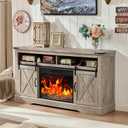 ROCKPOINT 58" Fireplace TV Stand for TV up to 65 Inch with Farmhouse Sliding Barn Doors, Highboy Entertainment Center with Storage Cabinet, 23" Electric Fireplace with Remote, Grey