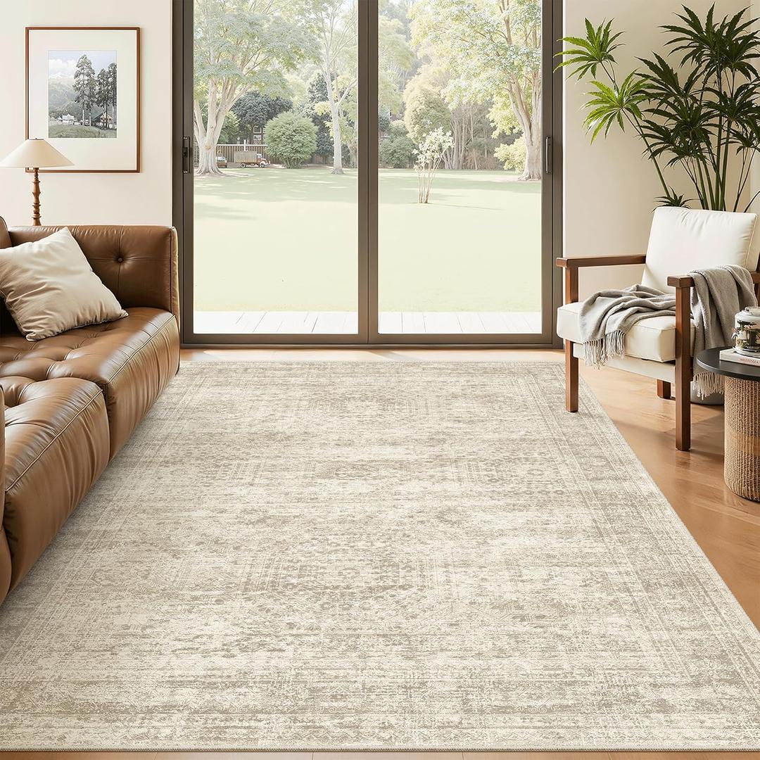 Soalmost 5x8 Area Rugs Beige Low Pile Indoor Washable Trendy Faded Style Rugs for Bedroom Living Room Dining Room Foldable Non-Slip Thin Print Home Office Mat