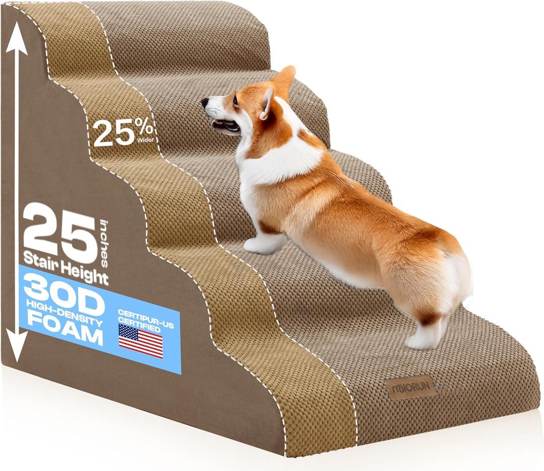 Extra Wide Dog Stairs for Large Dogs, 25" H Pet Steps for High Beds | CertiPUR-US,20"W High-density foam,5-Step fits beds up to 30"tall,for pets up to 80 lb,stable ramp for senior pets