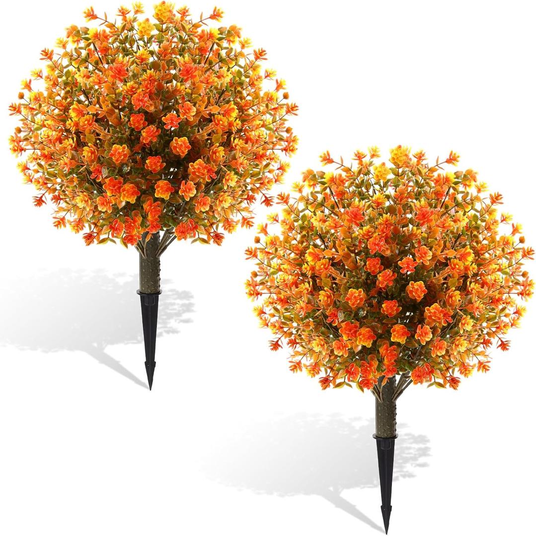 Yunlly 2 Pcs Outdoor Artificial Topiary Ball Trees 22" with Colorful Flowers, Boxwood Fake Bushes Shrubs with Spike, UV Resistant Evergreen Plants for Front Porch Garden Decor (Fall Orangegreen)