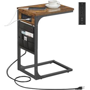 TUTOTAK C Shaped End Table with Charging Station, Side Table for Sofa, Couch Table with Storage Bag, TV Tray with 2 USB Ports and Outlets for Living Room, Bedroom, Brown TB01BB024 (Brown)