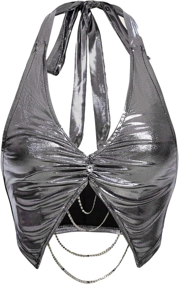 OYOANGLE Women's Metallic Sleeveless V Neck Tie Backless Ruched Halter Top Asymmetrical Hem Crop Tank Tops S 