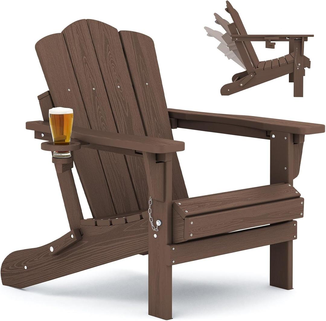 KINGYES Adjustable Folding Adirondack Chair, HDPE Reclining Adirondack Chair with Cup Holder, All Weather Resistance Embossing Oversize Adirondack Outdoor Chair, Brown 