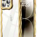 2 x SKYLMW Compatible with iPhone 14 Pro Case, Kawaii Cute Curly Wave Frame Luxury Plating Edge, Stylish Glossy Clear Back, Soft TPU Shockproof Protective Cases for iPhone 14 Pro, Gold