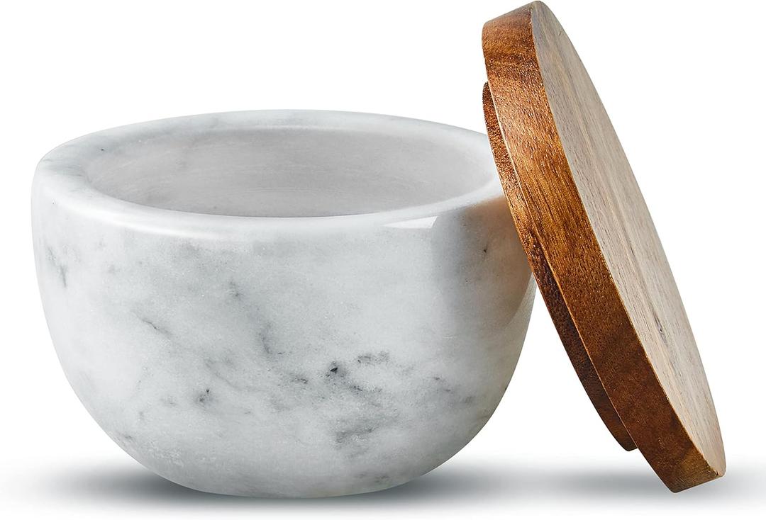 MarcZero Large Salt Box Spice Seasonings Keeper Pepper Container,Marble Base with Wooden Cover,Salt Cellar Big Capacity Elegant Design (White)