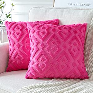 Artscope Pack of 2 Soft Plush Short Wool Velvet Decorative Throw Pillow Covers Luxury Style Cushion Covers European Pillow Shell for Sofa Bedroom Diamond Shape Hot Pink, 16x16 Inch