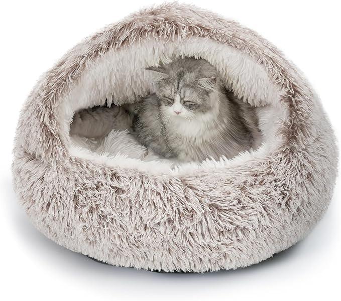 CATISM Cat Bed, Plush Hooded Cat Beds for Indoor Cats, Self Warming Cats Beds Cave, Cozy Pod for Indoor Kitten or Small Dog, Removable Washable with Non-Slip Bottom (25.0"L x 25.0"W x 19.0"Th)