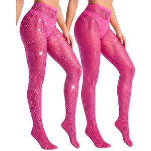 ZINTEDI 2 Pairs Fishnet Stockings for Women Fishnet Tights Sparkly Fishnets for Women (One Size, Hot Pink Fishnet)