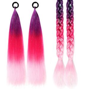 Ponytail Extension with Tie, Colored Hair Extensions for Kids, Festival Crazy Hair Day Accessories for Girl, Shimmer Tinsel Ponytail Colorful, 18 inch 2 Packs, Ombre Purple to Red to Pink (#33)