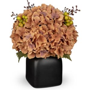 Briful Hydrangea Artificial Flowers in Black Square Ceramic Pot, Brown Silk Hydrangea Flowers Realistic Potted Fake Flowers with Berries for Home Decor Indoor Wedding Table Centerpieces