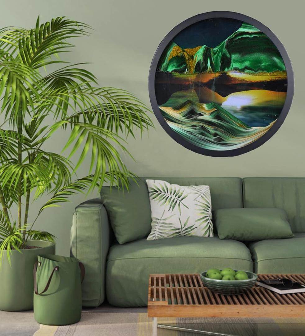 Oneshow Moving Sand Art Wall Art 3D Deep Sea Sandscape 360 Rotation Circular Sand Art Liquid Motion Wall Decor Relaxing Mood for Home Office Glass Craft Gifts for Adults (Green-17.3 in)