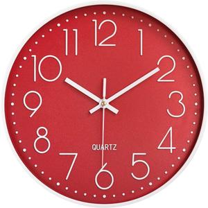 12 in Wall Clock Non-Ticking Quartz Silent Battery Operated Round Clocks Home Kitchen Office School Living Room Decor Clocks (Red)