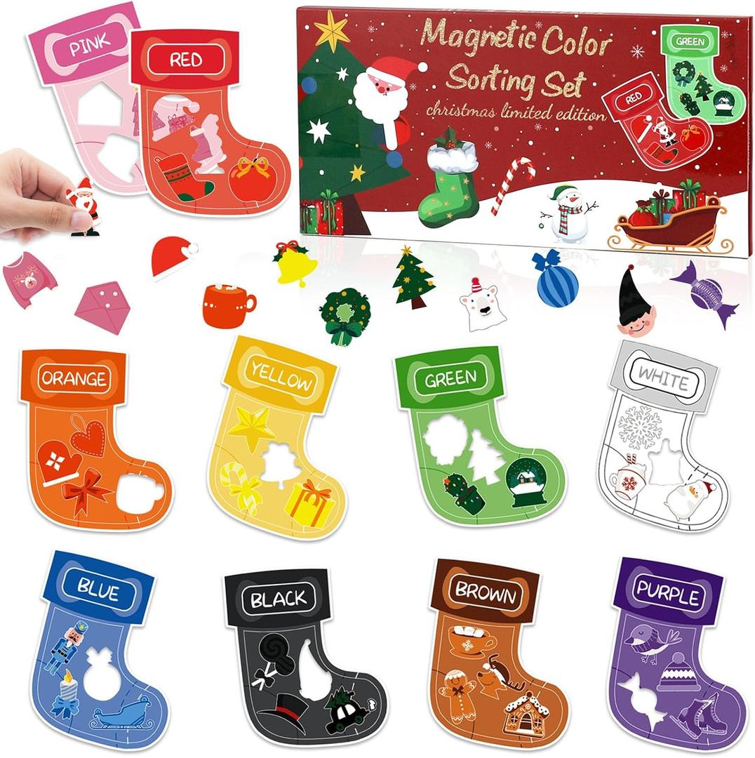 10 Pcs Christmas Toys Magnetic Color Sorting Set, Educational Xmas Stocking Whiteboard Fridge Magnets, Colors Matching Games Sensory Toys for Toddlers Kids Preschool Learning Activities