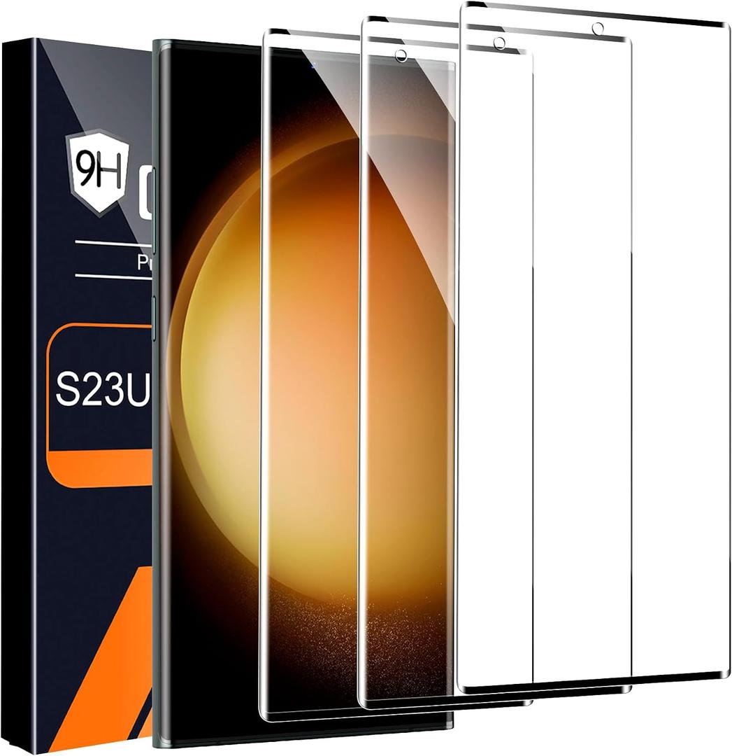 3 Pack HD Clear Tempered Glass Screen Protector for Samsung Galaxy S23 Ultra 5G, Fingerprint Unlock, 3D Curved, Scratch Resistant, Bubble-Free