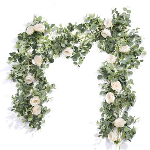 Der Rose 2 Pcs 13FT Artificial Flower Garland, White Rose & Eucalyptus Floral Garland, Faux Flower Vine for Wedding Decor, Table Runner, Arch & Backdrop Decor