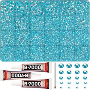 31000Pcs Turquoise Rhinestones for Bedazzling, 2-6mm Mixed Sizes Resin Crystals, Bedazzled Flatback Blue Zircon Stones Gemstones Gems Jewels Diamonds with B7000 Glue for Crafting Clothes Crafts