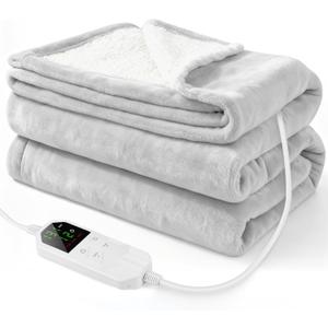 Electric Heated Throw Blanket 50" x 60", Soft Plush Flannel & Sherpa Electric Blanket with 8 Heat Settings, 1-12H Auto-Off, Fast & Even Heating, Machine Washable, Ideal for Home & Office, Light Gray