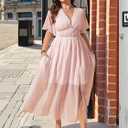 EYWOL Star Chiffon Dress, A-Line Split Long Dress with Pockets Sizes M-3XL | Chiffon,M-3xl,Runs Small,A Line,Navy,Star Print,Pockets,Zipper,Formal,Split,Wedding Guest,V Neck,Lightweight,Flowy,Cocktail (Pink, L)