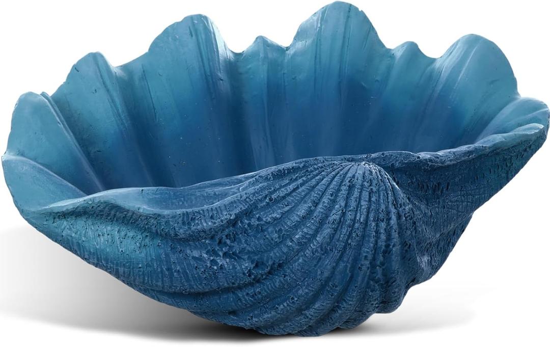 1 Pack 10 Inch Seashell Decorative Bowl Large Resin Clam Shell Conch Shape Bowl Coastal Beach Themed Table Decor Accents Entryway Table Decor for Living Room Coffee Bedroom Gift(Blue)