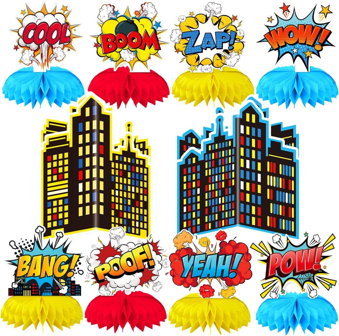 Oiuyamn 10 Pieces Hero Party Decoration, Hero Honeycomb Centerpieces 3D Table Topper Standing Decorations, Hero-Theme Party Supplies for Birthday Shower Decorations