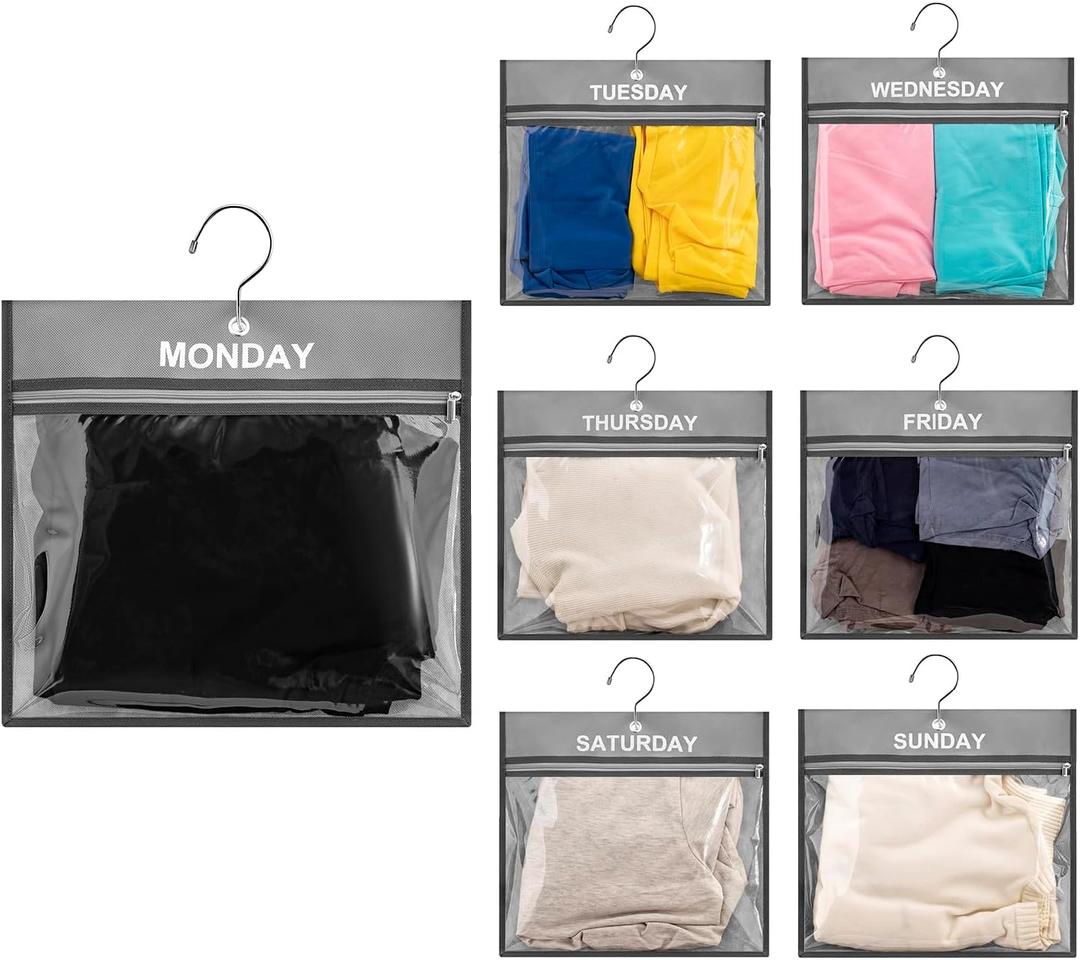 7 Pcs Weekly Travel Organizer Pouches Day of Week Clothing Packing Cubes Monday to Sunday School Clothes Organizer for Kids (Grey), 13"H * 14.3"W