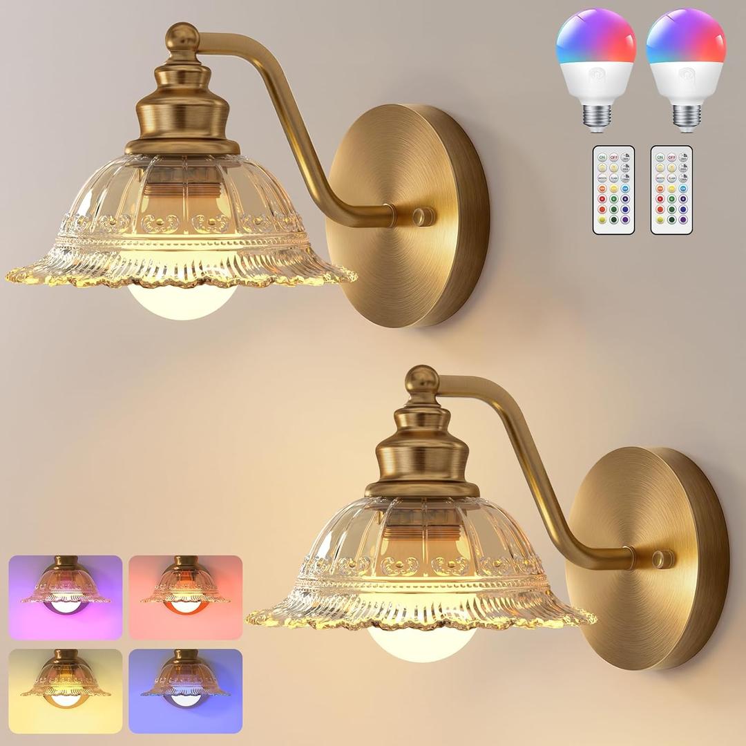 Redluck Battery Operated Wall Sconce with Remote Control, Vintage Amber Glass Wireless Wall sconces Set of Two, Rechargeable Battery Powered Wall Lamp for Bedside Bedroom Living Room Hallway Decor