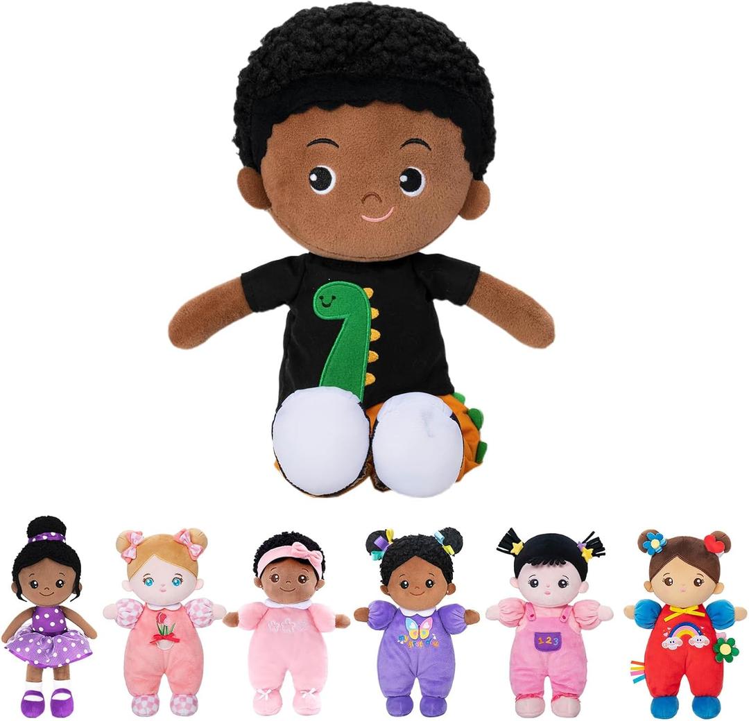 OUOZZZ 13" Black Baby Doll Toys for 1 + Year Old Boy Gifts, African American Doll Birthday Gifts for 1 Year Old Boy Christmas Plush Toys Gift for Toddler Kids Dinosaur