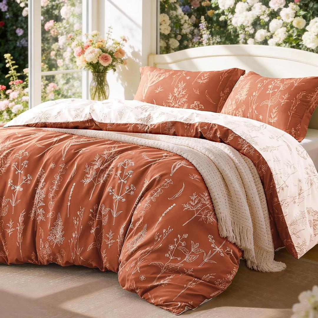 Love's cabin Terracotta Comforter Set King - King Size Comforter Set, 3 Pieces Cute Floral Bedding Sets for All Seasons,1 Soft Reversible Botanical Flowers Comforter and 2 Pillow Shams