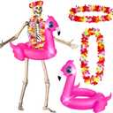 4 Pcs 12 ft Skeleton Costumes Set Includes Inflatable Flamingo Swimming Ring with Light Chest Ring Headpiece for Party Garden Lawn Decor