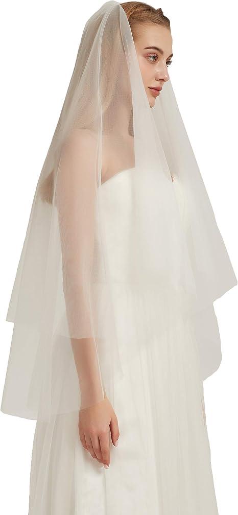 Double Layer Tulle Bridal Veil 2 Tier Sheer Wedding Veil with Comb, Light Ivory
