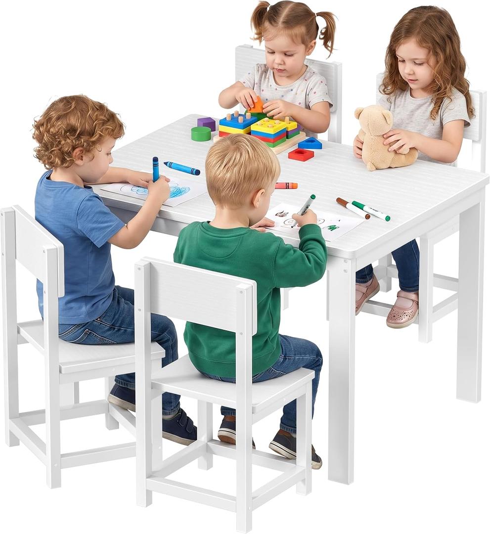 BOLUO Kids Table and Chair Set 3-7 Year Old, Activity Table for 4 Kids, White Toddler Table and Chairs, Play Desk for Children Learning Center, Over dimension: 20.2"D x 26.4"W x 21.1"H