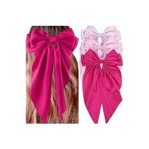 3Pcs Satin Hair Accessories: Big Bows, Hair Ties, and Long Tail Clips for Women and Girls (Purple, Pink, Magenta) 2 Pack