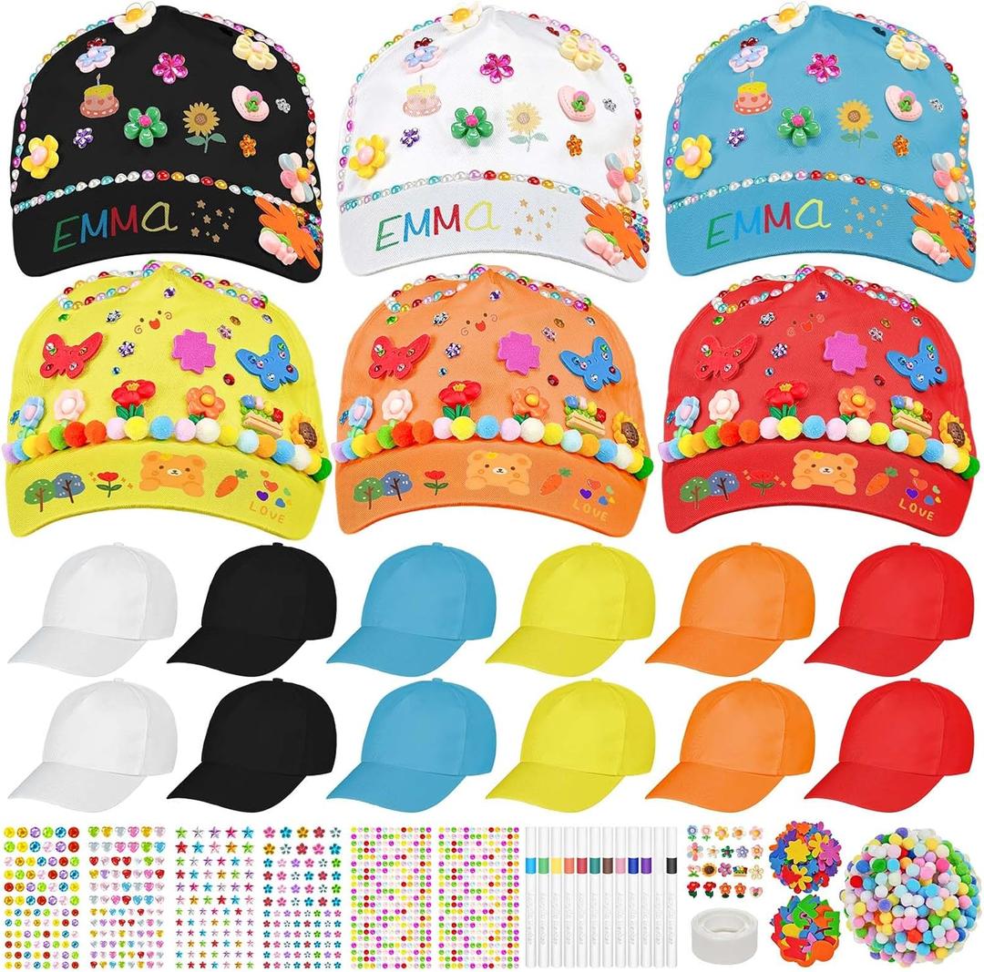 Cinrobiye 12 Set DIY Baseball Hat Bulk Adjustable Cap Painting Activity with Accessories for School Birthday Party Supplies (Color)