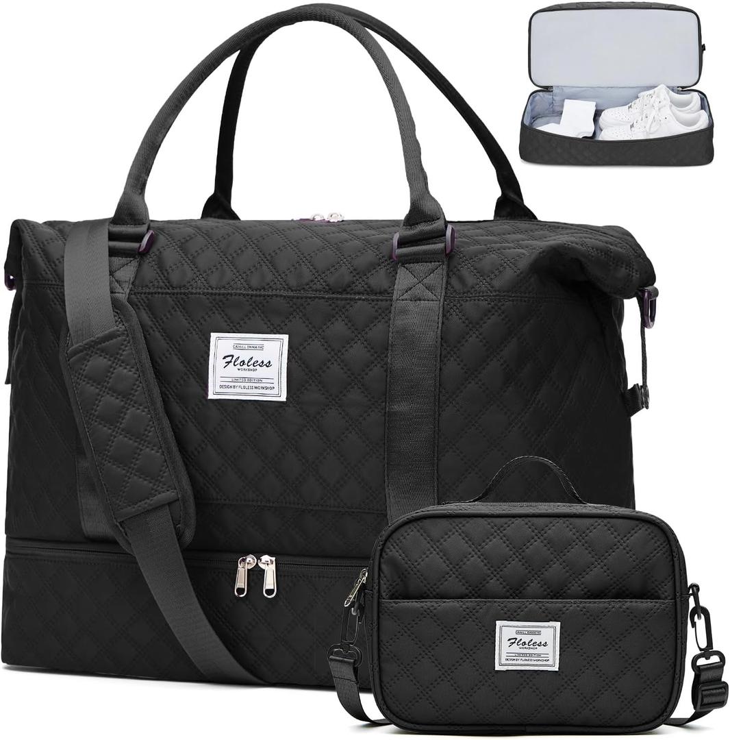 Weekender Bags for Women, Carry on Overnight Weekend Travel Duffel Bag with Shoes Compartment &Toiletry Bag, Personal Item Bag for Travel Business Trips Sport Hospital (Large, Grid-Black)