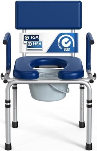 HolyHeal Drop Arm Bedside Commode, Commode Toilet with Padded Seat and Backrest, 400lbs Capacity, 5.3QT Removable Bucket and Splash Guard, Adjustable Height Portable Toilet for Adults, Blue