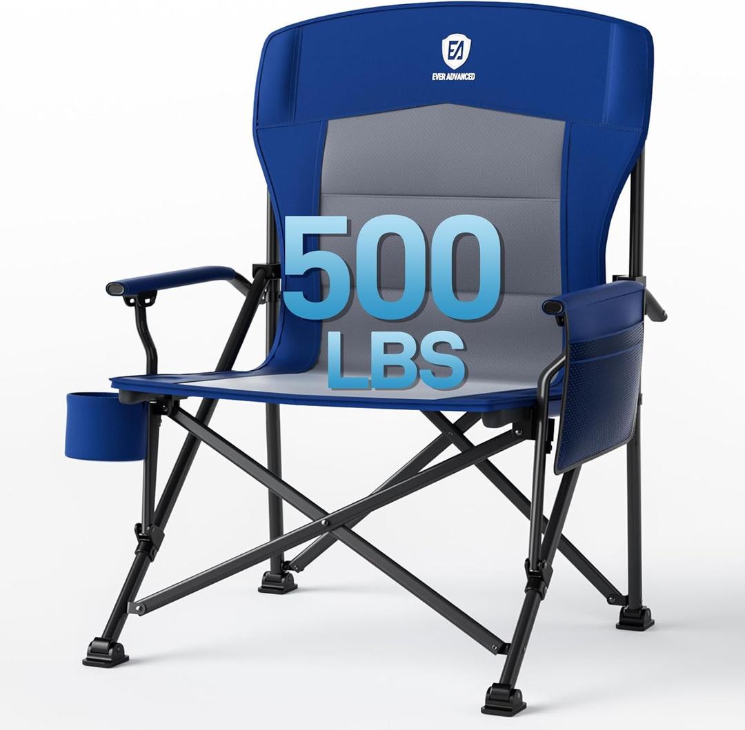 EVER ADVANCED Oversized Folding Camping Chair, for Adults Heavy Duty Lawn Chair with Side Pockets, Portable Collapsible Quad Chair for Outside, Support Up to 500lbs, Blue EVER ADVANCED Oversized Folding Camping Chair, for Adults Heavy Duty Lawn Chair with Side Pockets, Portable Collapsible Quad Chair for Outside, Support Up to 500lbs, Blue
