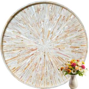 22" Extra Large Round Mother of Pearl Ottoman Tray with Raised Edge – Handcrafted Capiz Shell Serving Tray for Coffee Table, Charcuterie & Breakfast in Bed, Coastal Farmhouse Gift