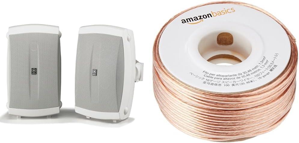 Yamaha NS-AW150WH 2-Way Indoor/Outdoor Speakers (Pair, White) and Amazon Basics 16-Gauge Speaker Wire - 100 Feet Bundle