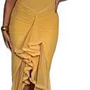 Voghtic Women's Sexy Ruched Mesh Ruffle Hem Bodycon Wedding Guest Dress Spaghetti Strap Slit Party Cocktail Maxi Dresses (Large, Yellow)