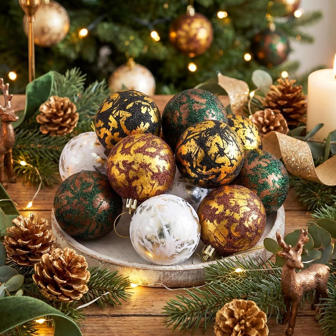 Leinuosen 12 Pcs Neutral Textured Christmas Ball Ornaments, 2.36 inch Vintage Copper Glitter Brown White Black White Painted Plastic Rustic Hanging Balls for Xmas Tree Farmhouse Decor
