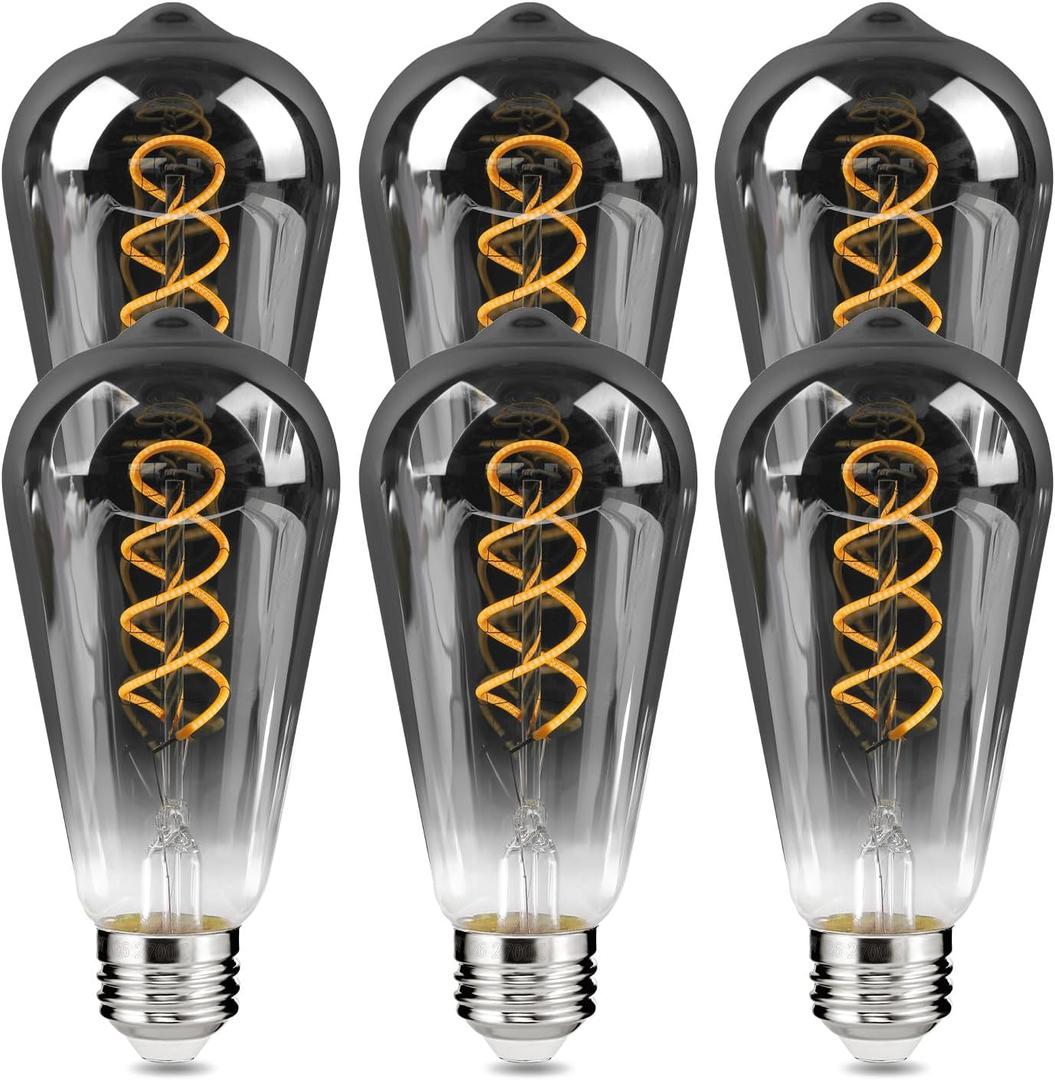E26 ST64 Vintage Edison Light Bulbs, Smoky Grey Coated Glass, Dimmable, 4W(20W Equivalent) 150 Lumens, 2700K Soft White, Spiral Filaments Design, Antique Style, 25000 Hrs, 6-Pack