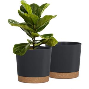 kubvici Plant Pots for Indoor Plants, 2 Pack 8 Inch Plastic Flower Pot Planters with Drainage Saucer for Indoor Outdoor Garden Home (8” Black)
