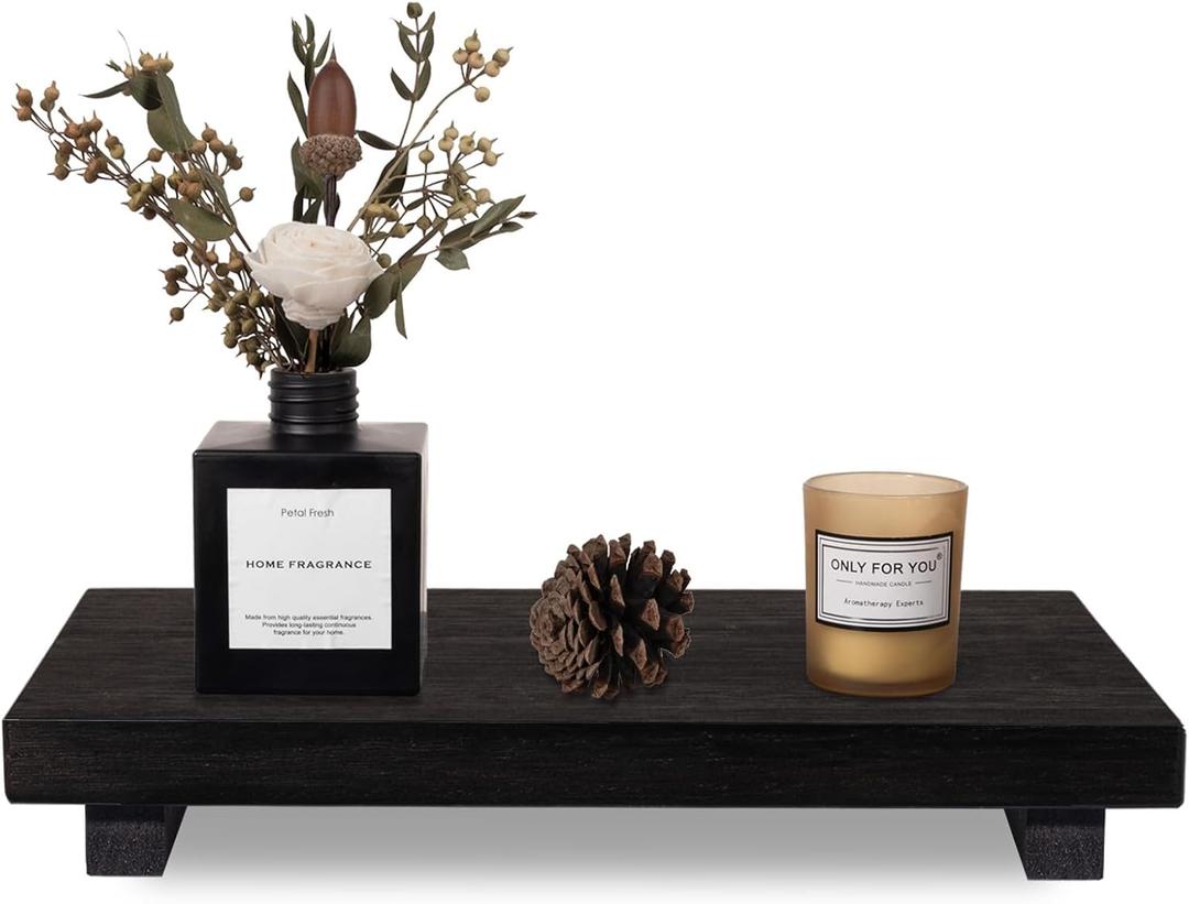 zoocatia Small Wood Tray Pedestal Stand Farmhouse Bathroom Decor Decorative Wooden Riser Kitchen Soap Dish Holder for Vanity, Counter, Sink, Large 11.8" x 7" - Black