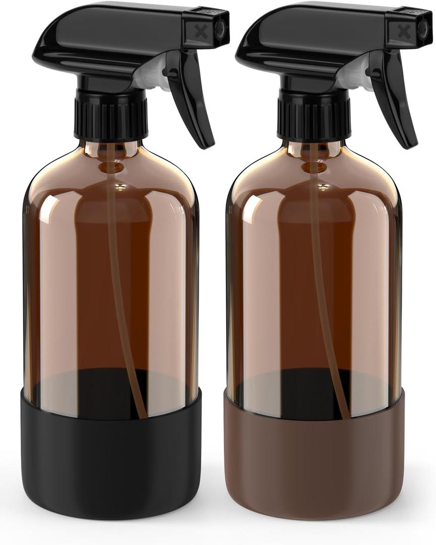 Glass Spray Bottle with Silicone Sleeve Protection, Amber Glass Spray Bottle Set for Window Cleaner Aromatherapy Facial Hydration Watering Flowers Hair Care 2 Pack/16 oz (Black & Brown)