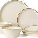 Famiware Saturn Stoneware Dinnerware Sets for 8 (24 Pieces), Ceramic Plates and Bowls Dish Sets with Hand-Painted Trim - Chip & Scratch Resistant, Microwave & Dishwasher Safe Tableware, Vanilla White